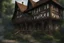 Placeholder: large medieval gothic, wooden inn, with a balcony, next to a cobbled road, in a wood, dense foliage, photo-realistic