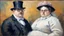 Placeholder: Eccentric Elegance with white glasses, Impressionist painting of an odd couple from 1890. The man is very thin, the wife is very fat, in the Victorian American style. Rough, rough brushstrokes, impressionist style painting