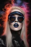 Placeholder: head and shoulders image, Zebulan Titzlegetcha - Kiss Me Deadly - felt pens - Ray-Ban sunglasses - Motley Crue - gothic pale-skinned vampire, fire and multicolored electrified cosmic clouds, Professional quality Photograph by Hoy Tung lu- Multicolored lightning -a smiling, long, blonde hair, blue eyes, goth makeup, black leather biker's jacket, black leather pants, combat boots, black fingerless gloves, sitting on in the forest next to a fire,