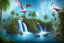 Placeholder: island waterfall palms twigs rope bridge birds flamingos