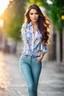 Placeholder: the genre is modern, a beautiful woman model and actress, long hair, bright eyes perfect facial features,wearing pants and pretty shirt, a very beautiful favorite, a full body, he stands tall, background bokeh