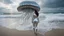 Placeholder: Wide-angle shot of a woman, standing to one side on a beach with huge waves, with dark hair in a silver robotic catsuit, many large jellyfish shaped like mushrooms with tentacles floating in the air, masterpiece, best quality, super detailed