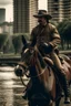 Placeholder: gaucho a caballo, por la ciudad de corrientes. Con bandera Argentina