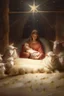Placeholder: It's night, it's dark and only the nursery is illuminated by a star from heaven. The Christ child is in a manger on straw, lying in swaddling clothes. Mary and Joseph were bending over him. Around the pets are mostly sheep, everything is painted in watercolor in high quality in 8k