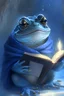 Placeholder: a happy iceblue young toad wearing a black scarf and reading a sorcery book