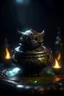 Placeholder: nightmare, cauldron with shining sigil and containing a slightly alien furry gremlin in it, prize winning oil painting, ,bokeh like f/0.8, tilt-shift lens 8k, high detail, smooth render, down-light, unreal engine