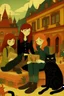 Placeholder: Act like a book cover designer. Use folk art style. Grimmy black cat and a group of three teenagers (13-15 years old) - two brothers with ginger hair and frickles with a brown-haired girl. Environment: old town.