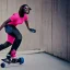 Placeholder: black girl roller-blading superhero through a futuristic town