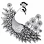 Placeholder: white, A peacock white flower decoration, line art, white background, outline, with images neatly contained within the background, just black and white color, full body, no color. Looking front , front view, 8k