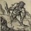 Placeholder: high-angle shot of a [barbarian warrior in loincloth] holing an ((axe)) on a cliff overlooking the sea, monsters in the water by Durer