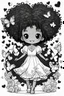 Placeholder: create a coloring page of a chibi girl with a curly afro ponytails dancing around hearts and butterflies. she smilies while shes playing, black and white