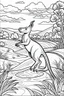 Placeholder: Illustrate a vibrant scene of a kangaroo hopping happily across the Australian outback, clean line art, white background, no shadows, black and white coloring book.