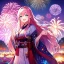 Placeholder: girl, masterpiece, best quality, volumetric lighting, detailed outfit, perfect eyes, long hair, pink hair, blue eyes, kimono, fireworks, laughing,