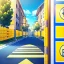 Placeholder: yellow brick road, road signs, arrows, direction, anime girl walking, detail on the girl walking down the yellow brick road,