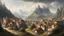 Placeholder: Mountainous landscape with a medieval town in the background, inspired by middle earth, realistic