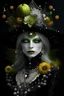 Placeholder: Beautiful silver and black and green witch woman portrait adorned with bioluminescense Halloween yellow white and green and black beads, pearls white dust pumpkin, frogs, spidere on the hat headdress, , wearing bronze autumn leaves textured black floral textured bioluminescense witch witch costume organic bio spinal ribbed detail of ornate bioluminescence bronze autumn white floral background extremely detailed hyperrealistic concept ar