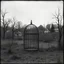 Placeholder: A landscape with odd cage, black and white old photo, dystopic atmosphere, trees, some odd houses, George Grosz