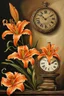 Placeholder: Orange Tiger Lily Flower Oil Painting With Clock