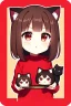 Placeholder: a headshot of a woman with long brown hair, red eyes, with a 'bad girl' vibe, brown cat ears, wearing black and red casual clothes, ((Chibi anime doll style)), splash art background, intricately detailed