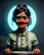 Placeholder: Waist up portrait, hybrid character, waitress British woman with classic muppet mask that covers her entire head and face, Sesame Street style, latex dress, short shirt, old school tattoo, hot, smooth, unreal engine 5, god lights, ray tracing, neon, RTX, lumen lighting, ultra detail, volumetric lighting, 3d.