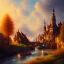 Placeholder: Drawing in oil of medieval city river, sunny, clouds, fantasy 8k