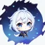 Placeholder: Genshin woman, Clear Focus High resolution, Calm Background, Light skinned woman, Black long beatiful hair, Dark blue sparkling eyes, Very Beatiful Face, Splash art, Cute Scene, Chibi