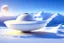 Placeholder: white spaceship flying saucer with background of snow sweety mountains and blu and brightness sky