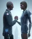 Placeholder: detroit become human, two people looking at each other, handshake with fingers , sci-fi fantasy style, volumetric lighting, particales,highly detailed,cinamatic, deep colours,8k.