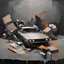 Placeholder: Minimal abstract oil paintings close up car parts and concrete fragments illuminated at night style of Justin Mortimer