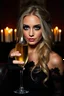 Placeholder: Dark powered princess Dayana blonde hair and dark blue eyes with one glass of champagne, dark background with dim candles