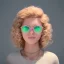 Placeholder: portrait of a teenager girl with curly blonde hair and green eyes wearing sunnglasses and a bubble gum