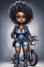 Placeholder: create an airbrush illustration of a chibi cartoon voluptuous black female wearing a blue jean outfit with biker boots. Prominent make up with hazel eyes. Extremely highly detail of black and blonde tight curly hair. Background of a bike show.