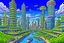 Placeholder: detailed alien cityscape, buildings with balconies, tracks, roads, paths, river, blue sky, white clouds