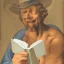 Placeholder: smiling man reading book into microphone by Michelangelo