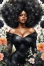 Placeholder: Create an watercolor image of a curvy black female wearing a black off the shoulder blouse and she is looking down with Prominent makeup. Highly detailed tightly curly black afro. Background of large black flowers surrounding her