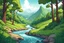 Placeholder: Create an landscape illustration of a lush, forested river valley, in the cartoon style of Scott Adams