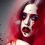 Placeholder: singer Danish MØ, background liquid, blood, hair guts, darkred tones,