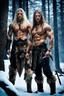 Placeholder: muscular male mountain man with long dark hair with a petit female long blonde hair and blue eyes, dark fantasy, snowy forest