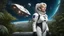 Placeholder: A full-body photorealistic image of an adventurous older woman from the future, dressed in a tailored, full-body spacesuit, stands proudly beside her huge cargo spaceship, no wings, standing on a metal box. Her untidy, blond hair has bangs, standing in a jungle clearing. The scene is framed by a cosmic expanse of stars and nebulas.