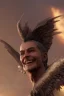 Placeholder: a very close up side profile image of an evil angel, smiling,8k quality, supper realistic