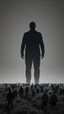 Placeholder: A field of random people at the end of the picture gray background an giant dark shadow of human figure standing in a cinematic, 8k