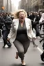 Placeholder: an obese terrified blonde white woman crying and sobbing in a pant suit desperately running away from an angry mob of thousands of black people chase her down a city street