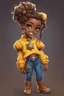 Placeholder: Create a detailed and vibrant steam punk illustration of a chibi-style character with dark skin and wavy hair tied back in a high ponytail with hair left out in the back. She is wearing a yellow off-shoulder sweater, blue torn jeans, and tan-colored boots with fluffy white trim. SHe has a confident and cheerful expression, with large expressive eyes and a bright smile. Add gold hoop earrings and a heart-shaped necklace.
