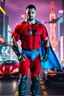 Placeholder: An extremely muscular, athletic man with a short, black hair, blue eyes, goatee, wearing a bright red, textured formfitting bodysuit, wearing blue trunks on the outside of the bodysuit, a black leather, knee-high black leather boots, black wrist gauntlets, blue cape, with a black Capital letter "M" on the chest, posing against a futuristic cityscape, Neon-lit, Extremely colorful, Flying cars