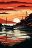 Placeholder: Delve into the tranquility of a coastal landscape art, featuring a fishing boat at a lake during sunset. The flat background style and darkly romantic illustration, in hues of dark amber and red, evoke a sense of serene beauty.