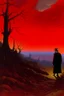 Placeholder: A violet red fiery demonic realm with realms painted by Caspar David Friedrich