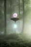 Placeholder: floating suspended translucent glowing orb above pedestal, misty, inside overgrown moss vines labrotory, sacred geometry object inside translucent floating orb, aura foggy mist, tesseract, purple, green, gold