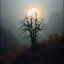 Placeholder: Close-up Ilford photograph of a creepy surreal landscape, eerie, no style, autumn vegetation, very surreal, trees, spooky, metaphysical objects, giant sun, intricate, thoughtful, appalling, mountain rocks, deep 3d field, 8k, hypermaximalist, fog