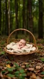 Placeholder: A baby sleeping in a basket in the middle of a forest