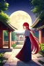 Placeholder: girl, masterpiece, best quality, cinematic lighting, detailed outfit, vibrant colors, perfect eyes, red hair, very long hair, braided ponytail, blue eyes, hakama, shrine, moon, starry sky, plants, stone walkway,